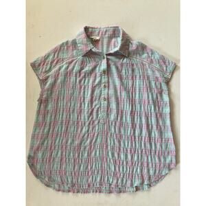 OTT Pink Aqua Crinkle Plaid Blouse Sz L Short Sleeve Button Front Lightweight